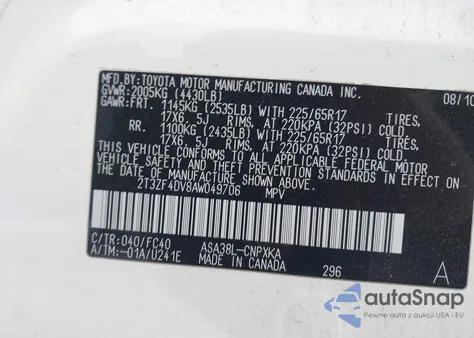 2010 Toyota Rav4 from USA, damaged, VIN 2T3ZF4DV8AW049706